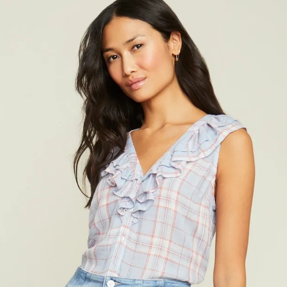 Veronica Beard NWT Size XS Leina Shirt in Vapor Multi, Sleeveless Ruffles Linen - Picture 5 of 14